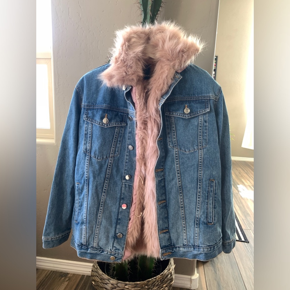 New Pinko Denim Jacket with Pink Fur Size XS